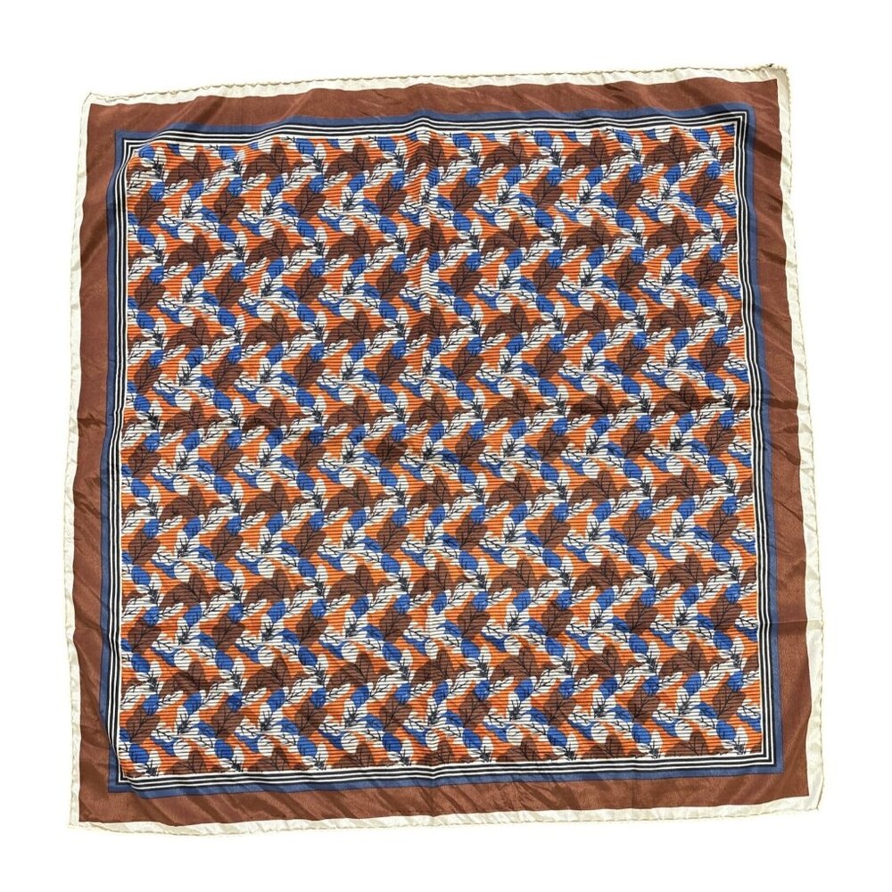 Vintage Scarf Hand Rolled Leaf Print Orange Brown Blue Headwear